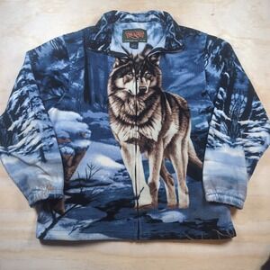 Vintage Trail Crest Full Zip Sweater Fleece Sz Large Winter Wolf All Over Print